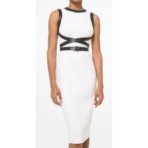 NWT MICHAEL KORS COLLECTION Cream Leather Trim Bouclé Crepe Sheath Dress 12